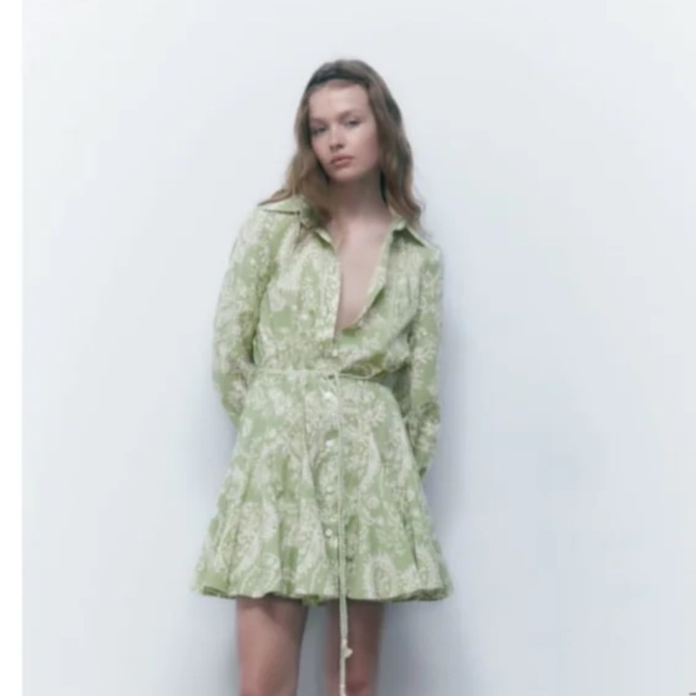 Zara Green Pleated Long Sleeve Sundress - Picture 3 of 14